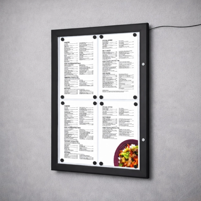 Zewnętrzna gablota na menu czarna 4 x A4 - oświetlenie LED